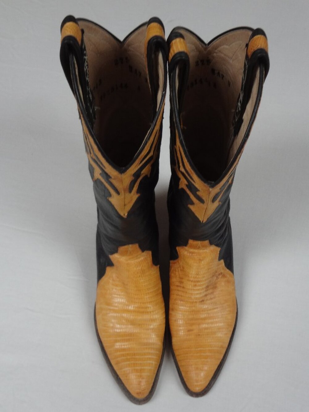 VINTAGE LARRY MAHAN BLACK TAN TEJU LIZARD COWBOY BOOTS WOMENS 7 N ML3243